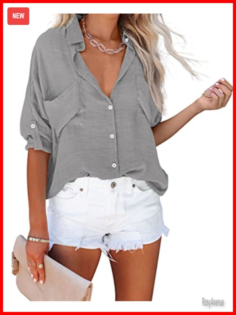 Womens Button Down Shirt V Neck Long Roll Up Sleeve Loose Blouse Tops with